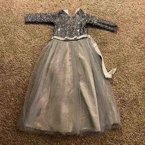 Silver floor-length sequin and tulle dress with sash